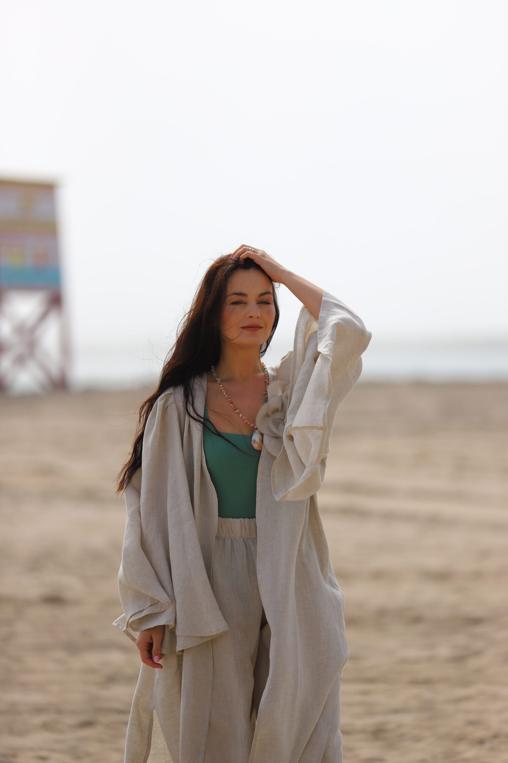 Linen Kimono with Flower and linen pants