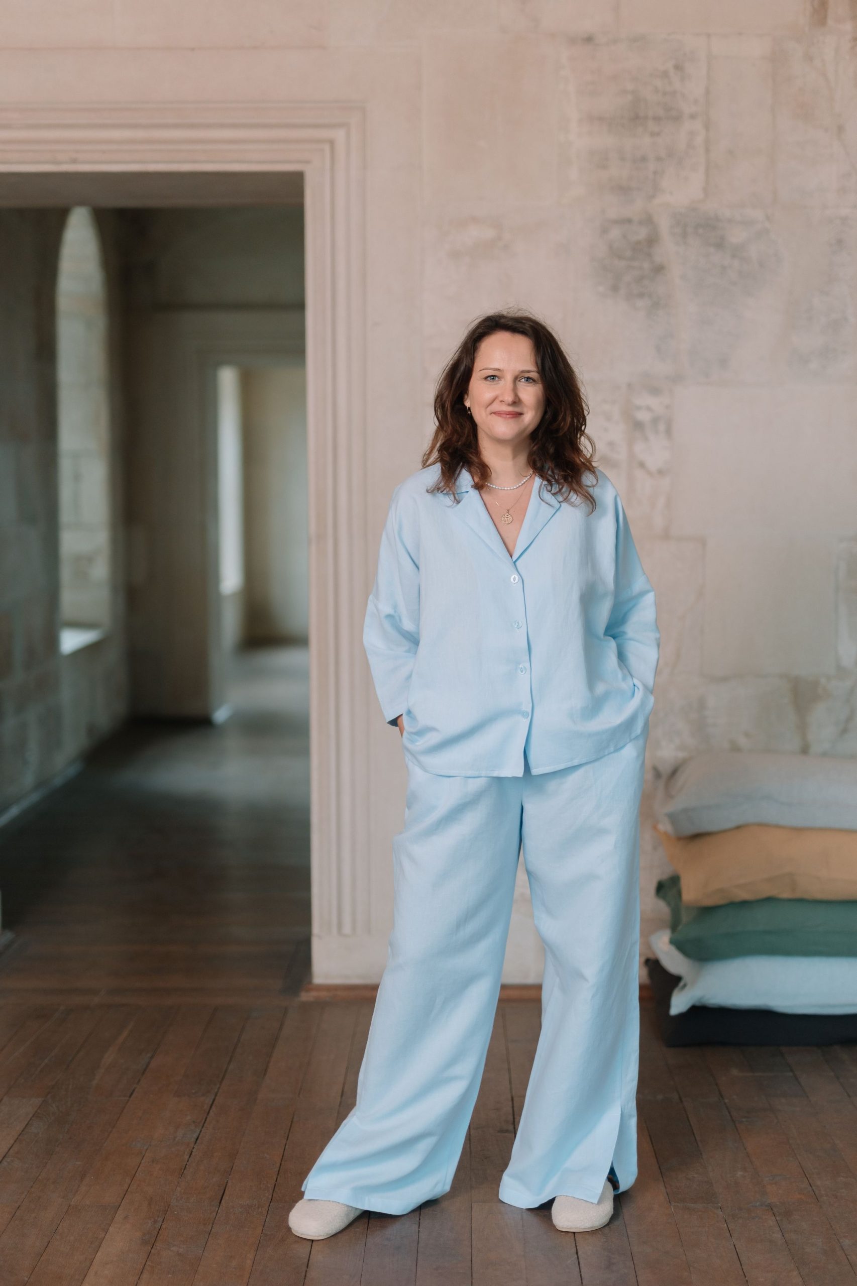 Pajama set linen and cotton Water Blue